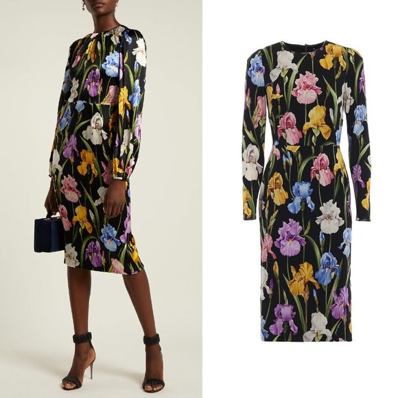 Dolce & Gabbana Iris Print Stretch Silk Midi Dress 38 2 - Picture 1 of 16